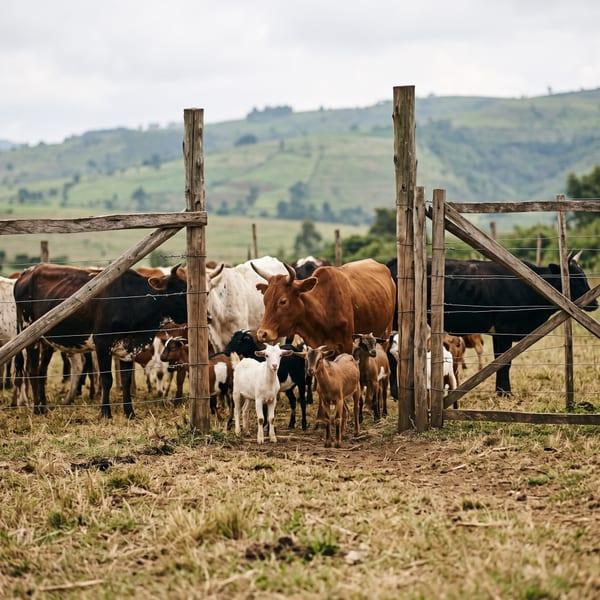 Cattle and goats at a farm gate in the Kenyan highlands