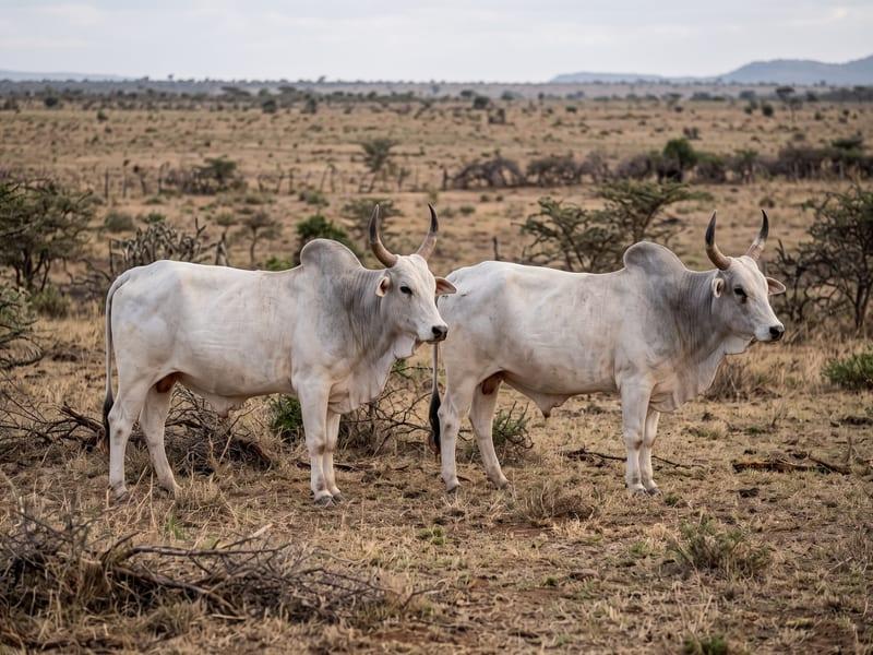 Two Boran bulls on open grazing land
