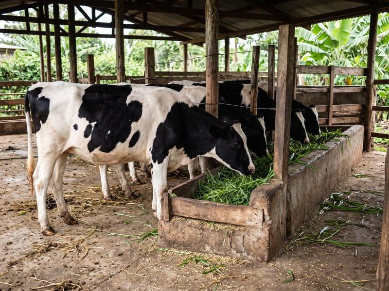 Friesian dairy heifers at the feed trough in a zero-grazing shed