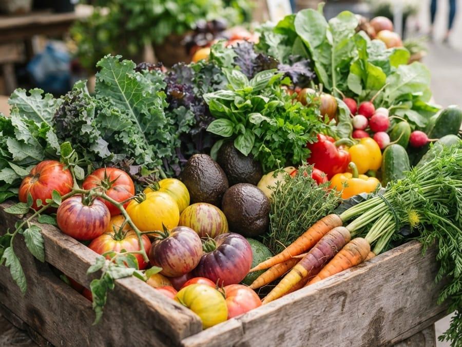 A crate of mixed vegetables on a market stall