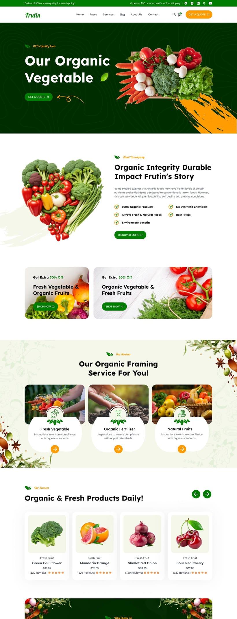 A farm storefront on MORE: a produce cover photograph, the farm name with a verified badge, its county and product count, and Share and Shop Now buttons