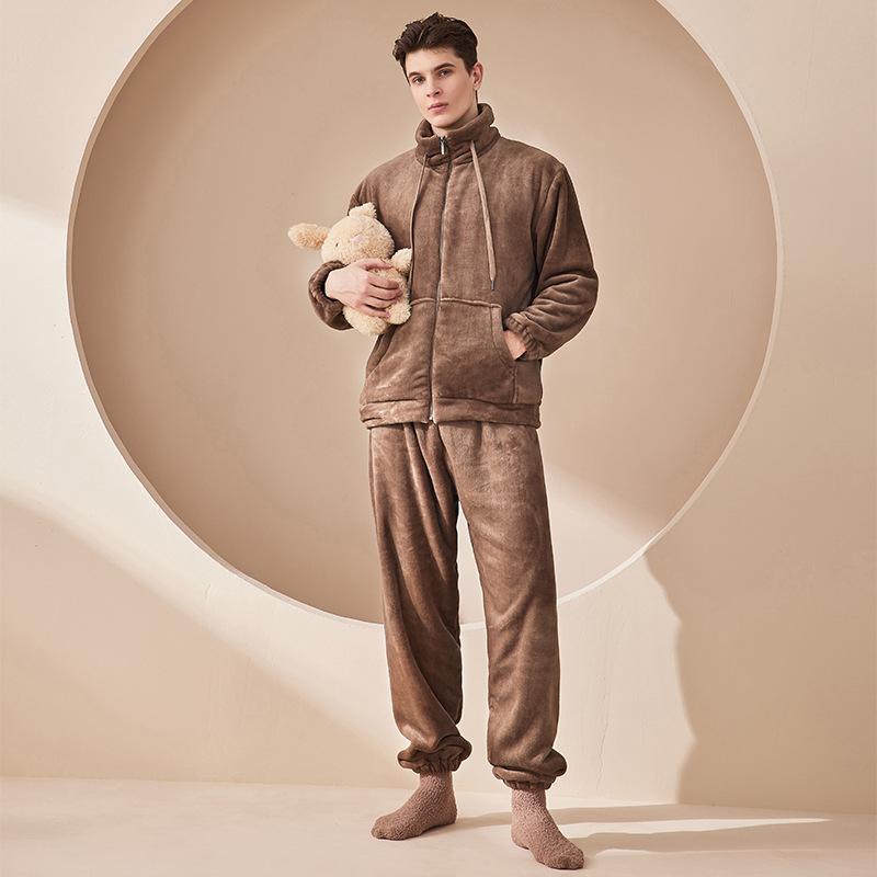 Thickened Flannel Household Clothes Warm Suit Deep coffee Man L