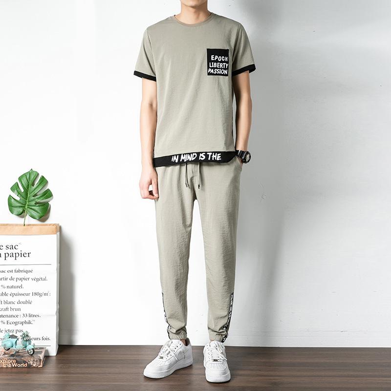Fashion Men's Short-Sleeved Ice Silk Casual Sportswear Suit Khaki 2XL