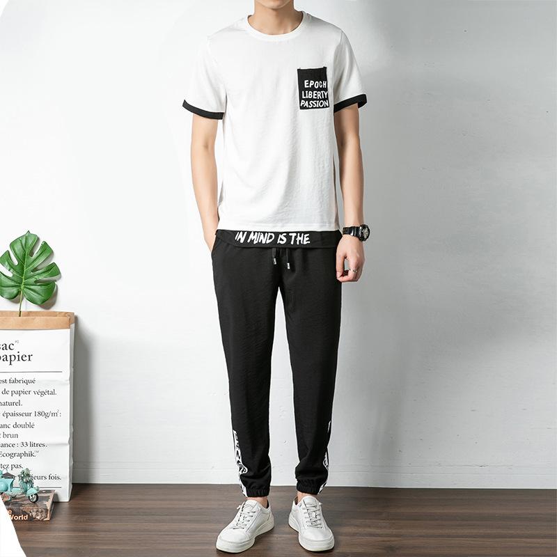 Fashion Men's Short-Sleeved Ice Silk Casual Sportswear Suit White 2XL