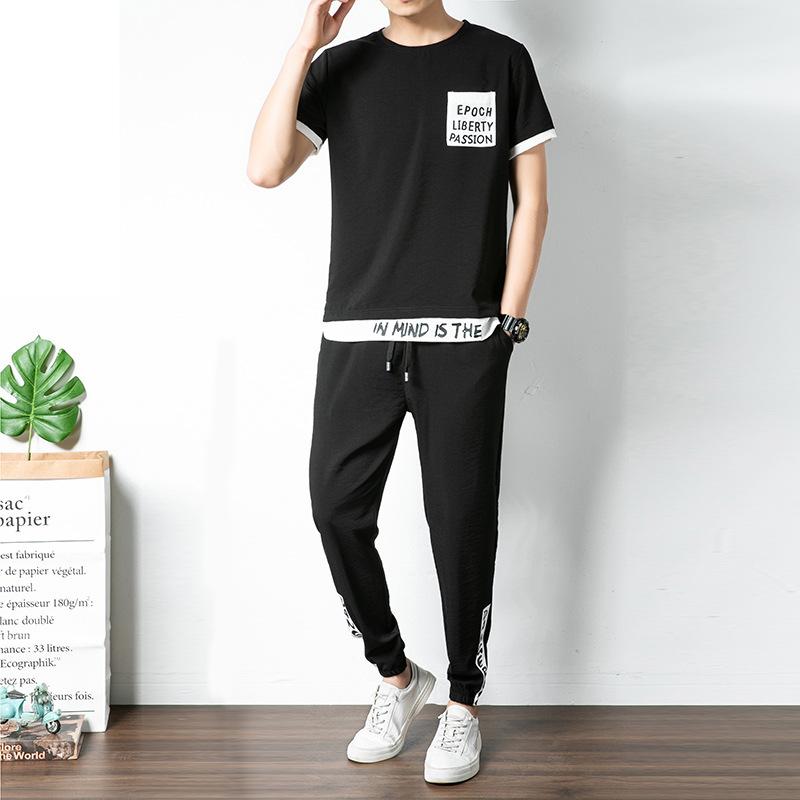 Fashion Men's Short-Sleeved Ice Silk Casual Sportswear Suit Black 2XL
