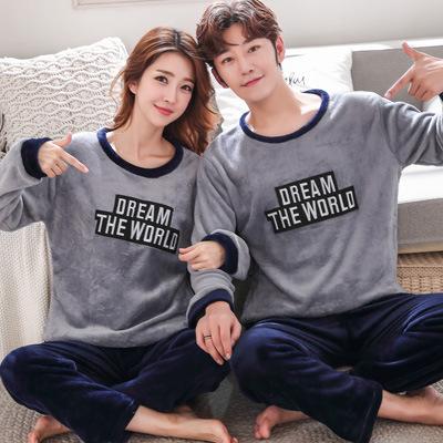 Plus Size Couple Plus Fertilizer Plus 200 Kg Plus Velvet Velvet Pajamas Women Gray and blue letters Female L