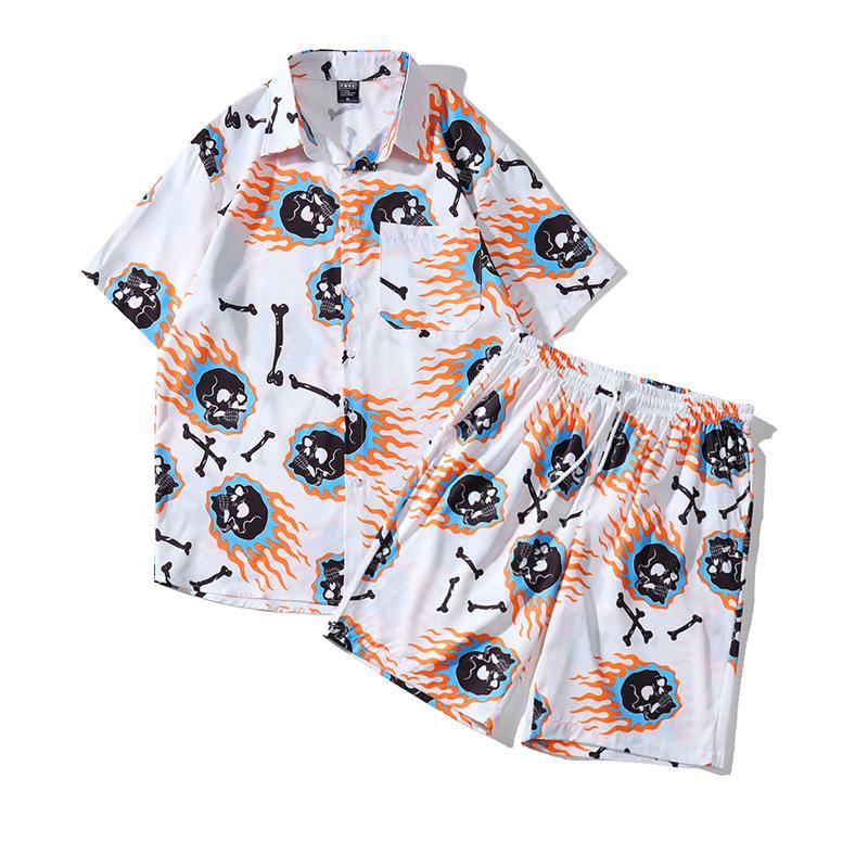 Men's Casual Beach Skull Print Shirt Shorts Set Shorts shirt set 2XL