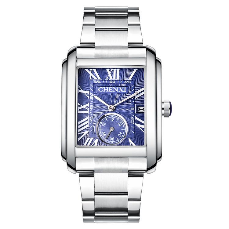 Personalized Square Steel Band Fashion Waterproof Men's Watch White shell blue surface