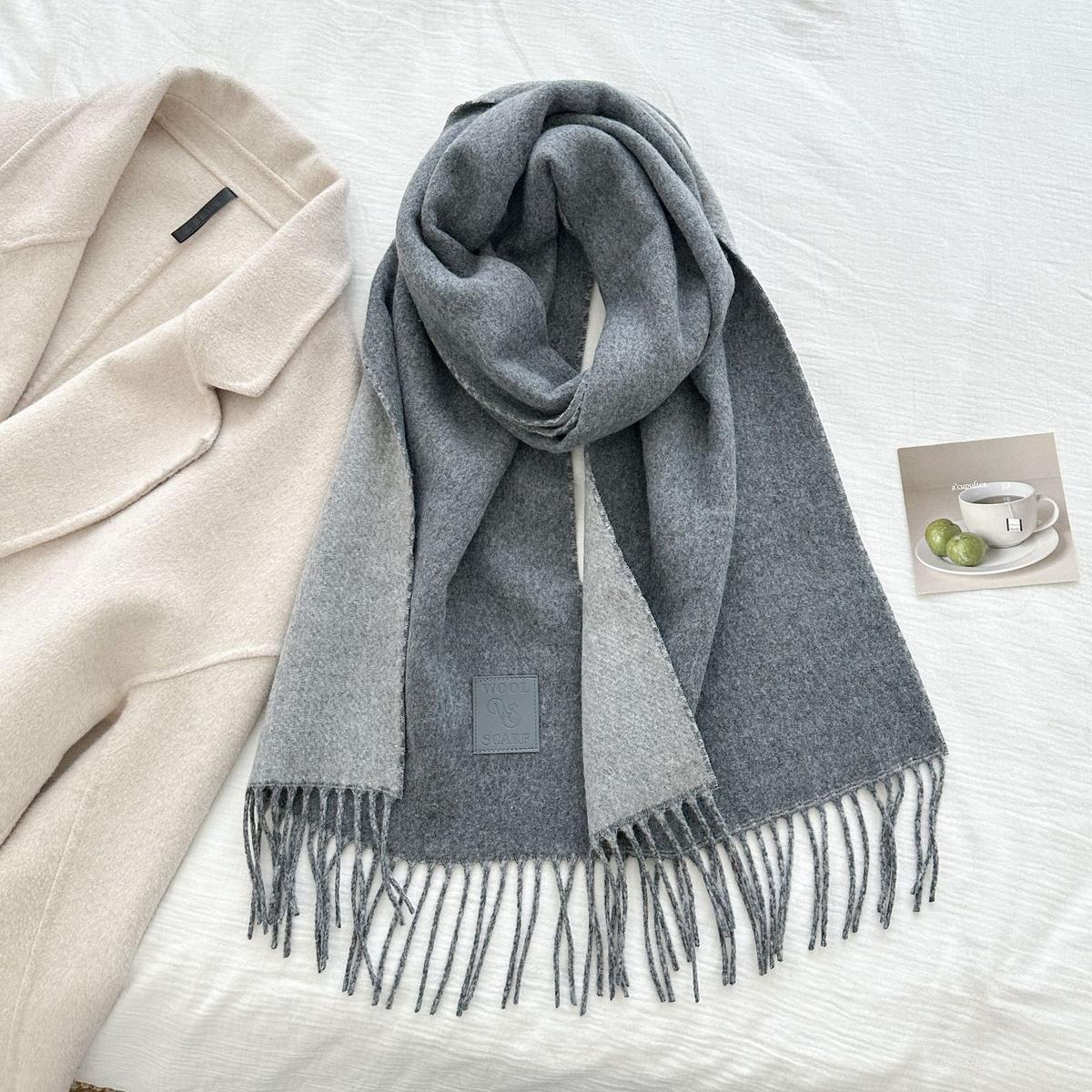 Thickened Double-sided Two-tone Wool Scarf Versatile Solid-color Tassel Shawl For Warmth And Style Slabstone Gray 32x175CM