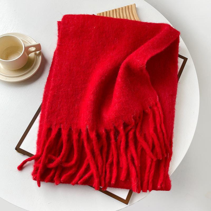 Mellard Merino Wool Korean-Style Relaxed-Feel Solid-Color Brushed Warm Scarf For Women bright red 40X210cm