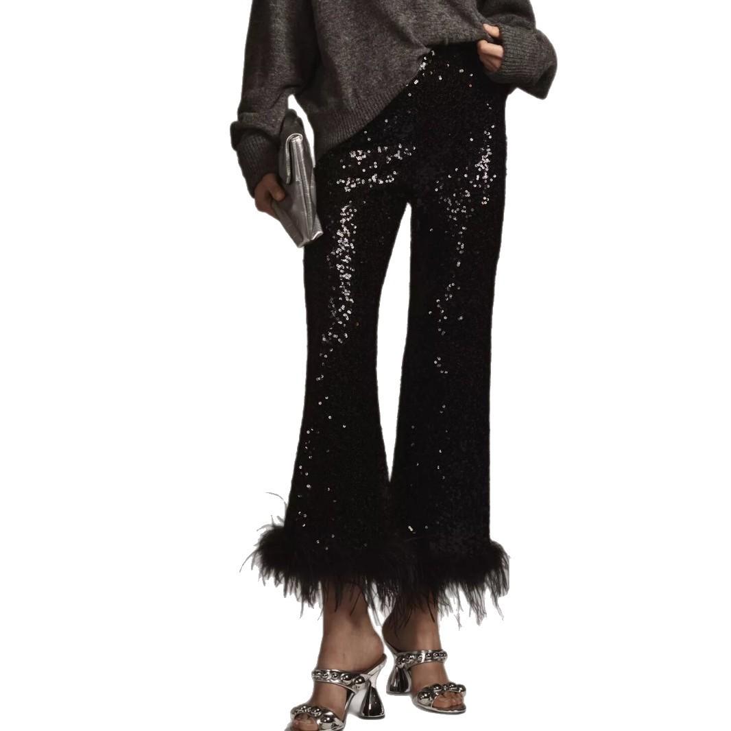 Sequin Fringed Low Rise Slim Fit Pants Black L