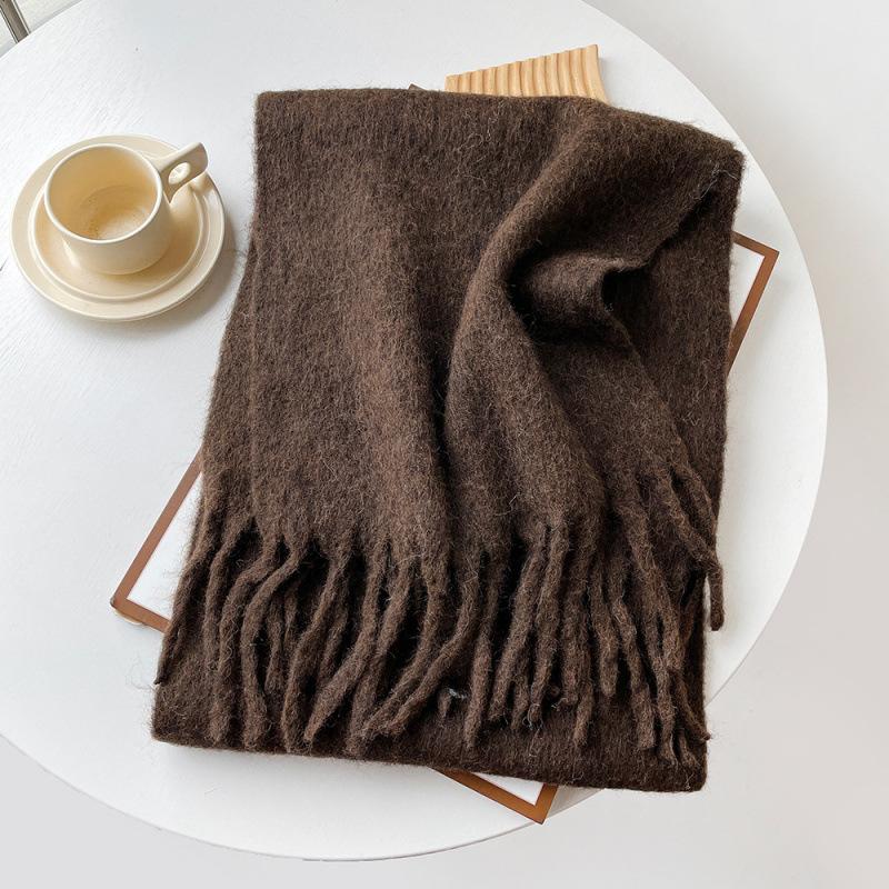 Mellard Merino Wool Korean-Style Relaxed-Feel Solid-Color Brushed Warm Scarf For Women dark coffee 40X210cm
