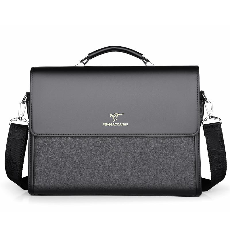 Men's Horizontal Leather Portable Briefcase Black
