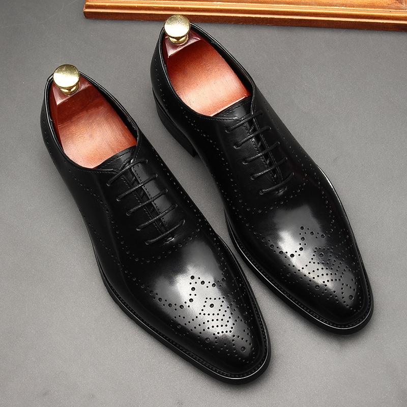 Leather Shoes Men's British Pointed Toe Business Formal Wear Lace-up Shoes Men Black 36