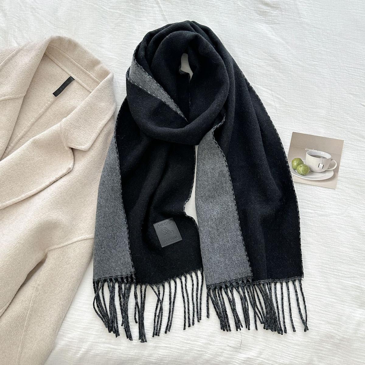 Thickened Double-sided Two-tone Wool Scarf Versatile Solid-color Tassel Shawl For Warmth And Style Black 32x175CM