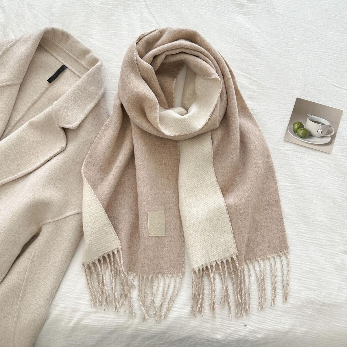 Thickened Double-sided Two-tone Wool Scarf Versatile Solid-color Tassel Shawl For Warmth And Style Oatmeal Color 32x175CM