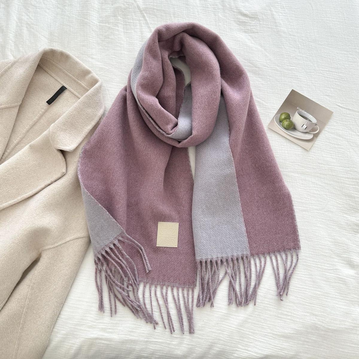 Thickened Double-sided Two-tone Wool Scarf Versatile Solid-color Tassel Shawl For Warmth And Style Taro Purple 32x175CM