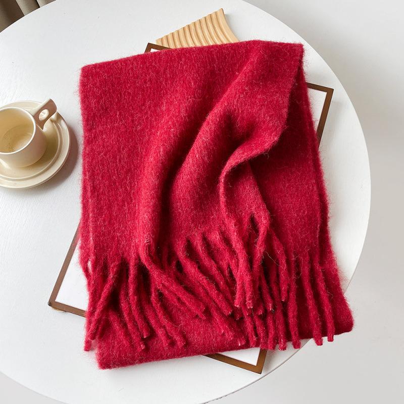 Mellard Merino Wool Korean-Style Relaxed-Feel Solid-Color Brushed Warm Scarf For Women jujube red 40X210cm