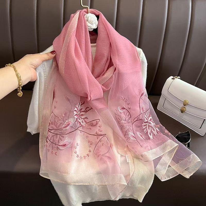 Versatile Embroidered Silk-Feel Thermal Scarf Pink 175cm