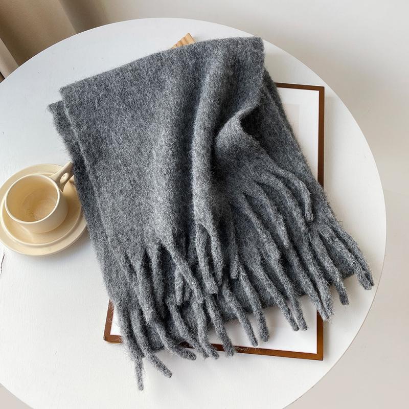 Mellard Merino Wool Korean-Style Relaxed-Feel Solid-Color Brushed Warm Scarf For Women dark gray 40X210cm