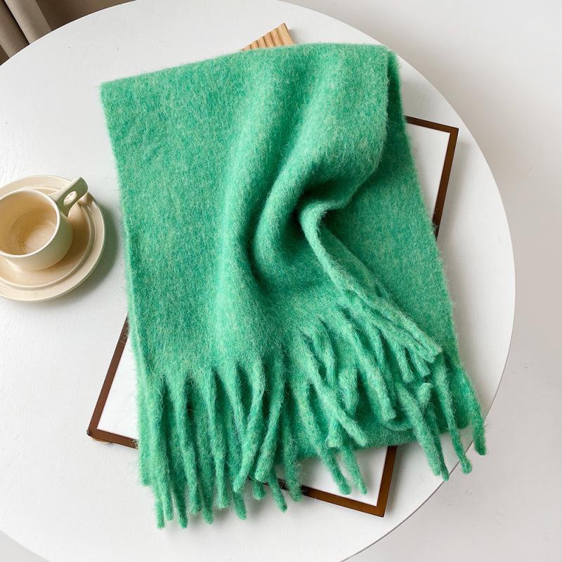 Mellard Merino Wool Korean-Style Relaxed-Feel Solid-Color Brushed Warm Scarf For Women green 40X210cm
