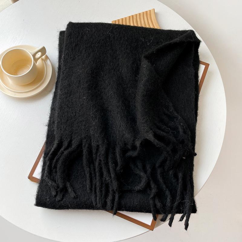 Mellard Merino Wool Korean-Style Relaxed-Feel Solid-Color Brushed Warm Scarf For Women black 40X210cm