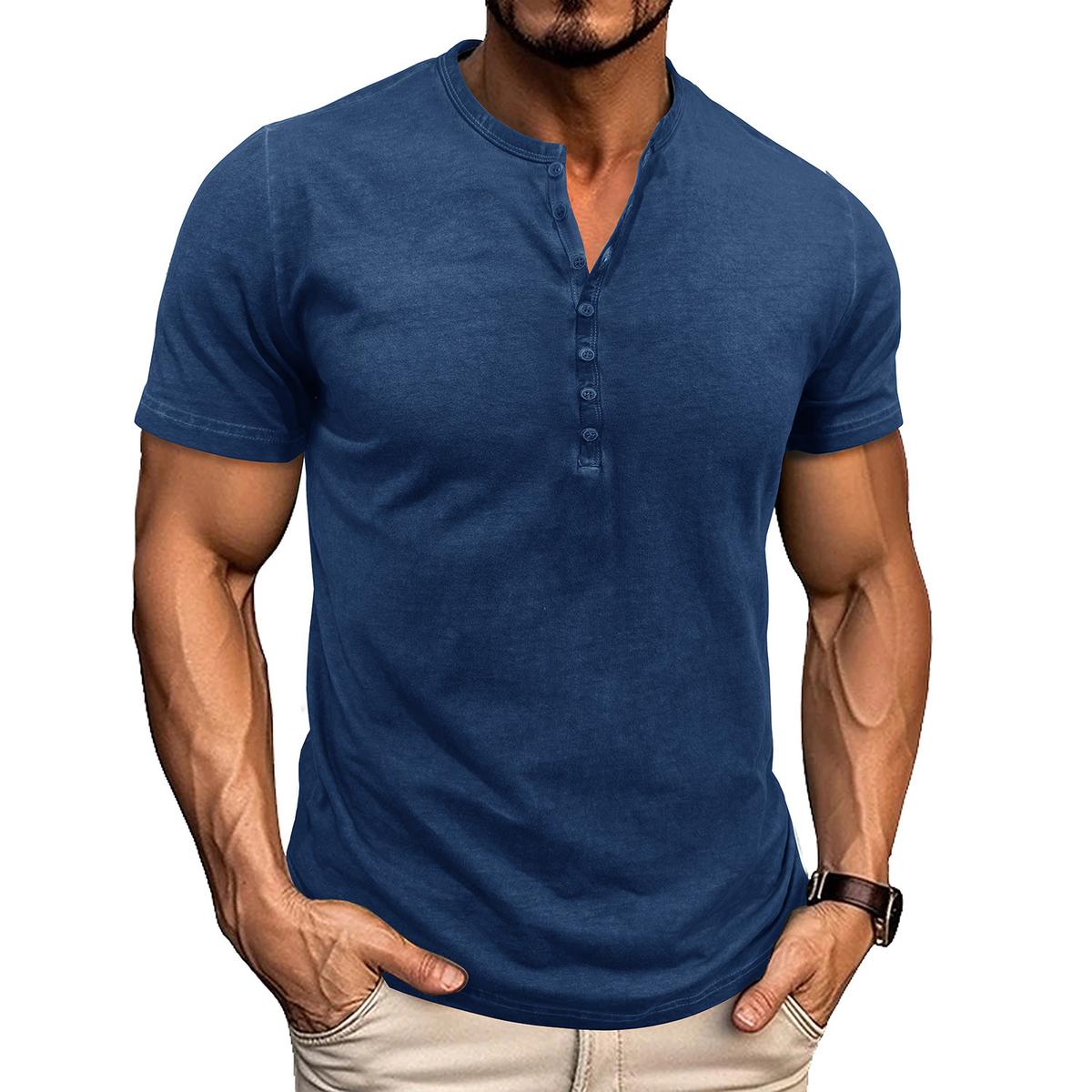 Mens Round-Neck Short-Sleeve Retro Henry T-Shirt Blue 2XL