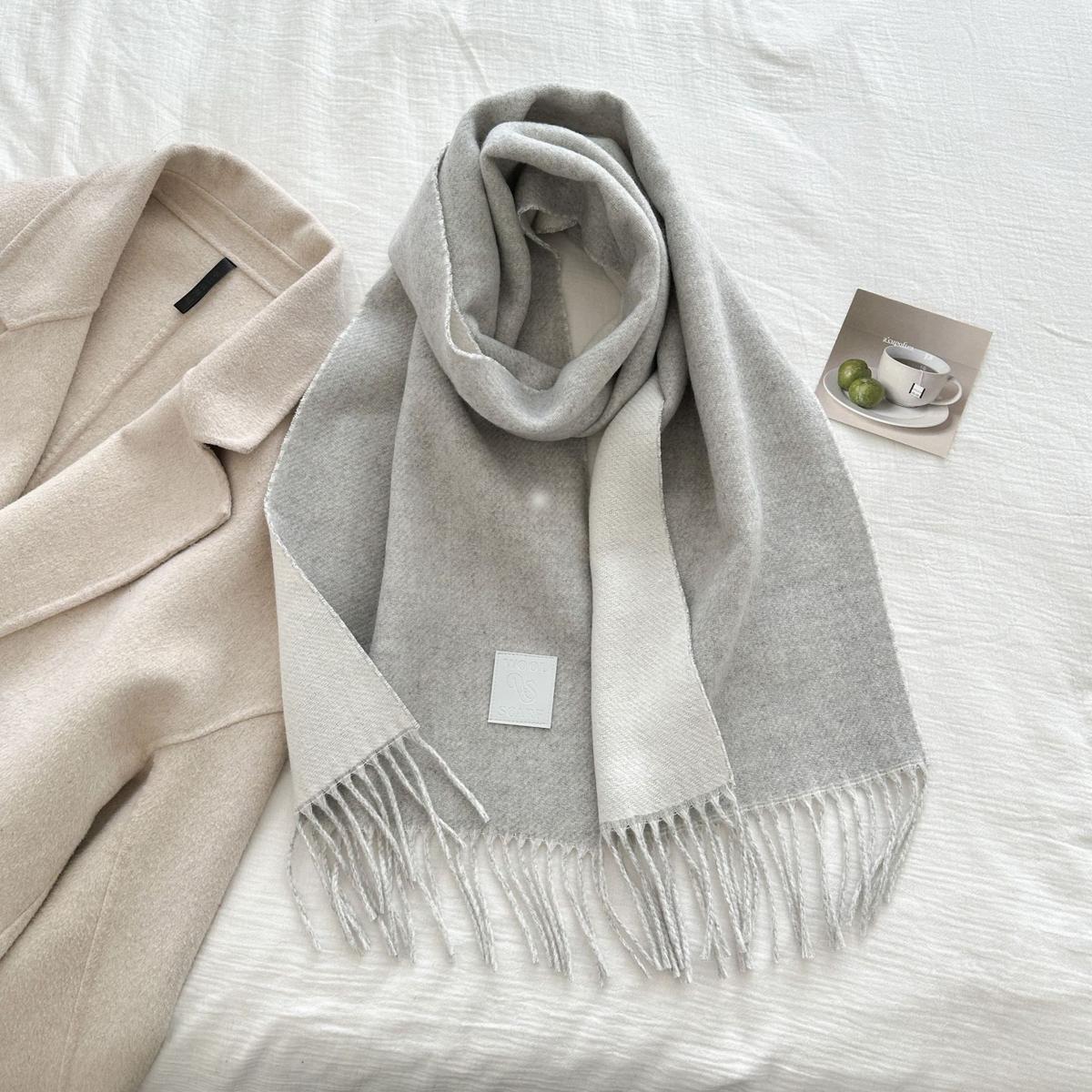 Thickened Double-sided Two-tone Wool Scarf Versatile Solid-color Tassel Shawl For Warmth And Style Light Gray 32x175CM