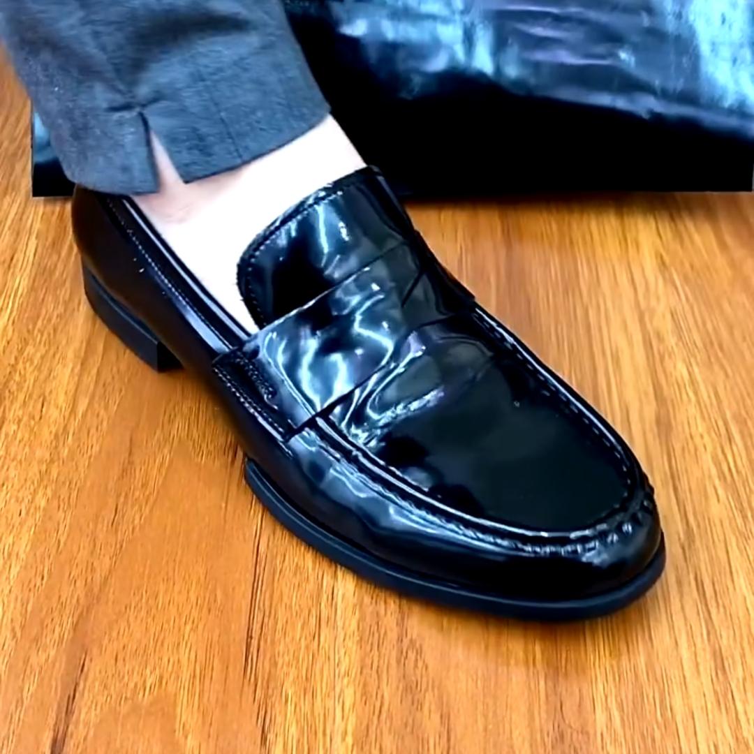Men's Glossy Pure Leather Business Fashion Leather Shoes Black 38