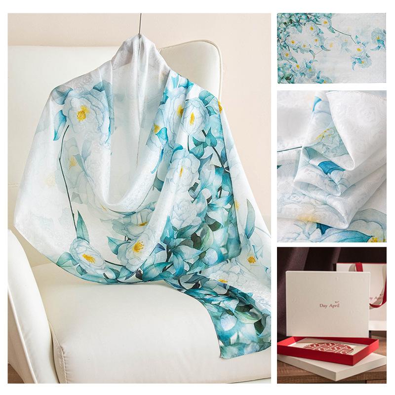 Women's Scarf Fashion Printing Long Wrap Blue And Green Camellia 55x170cm