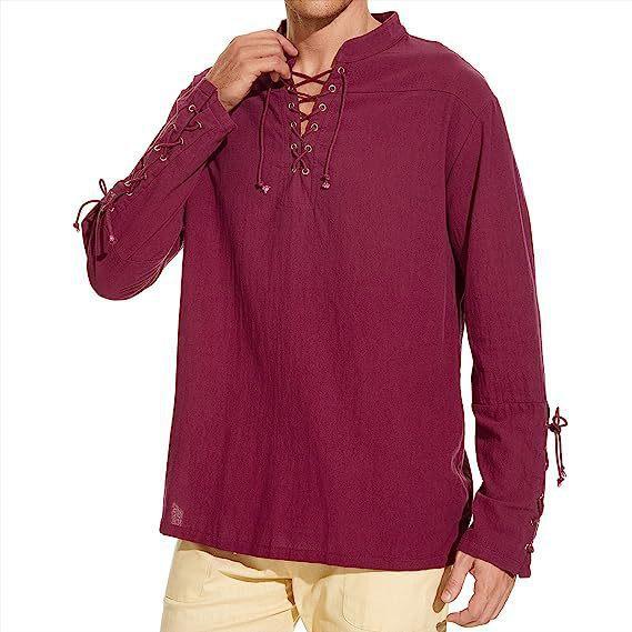 Mens Plus-Size Casual Cotton-Linen V-Neck T-Shirt Wine Red 2XL