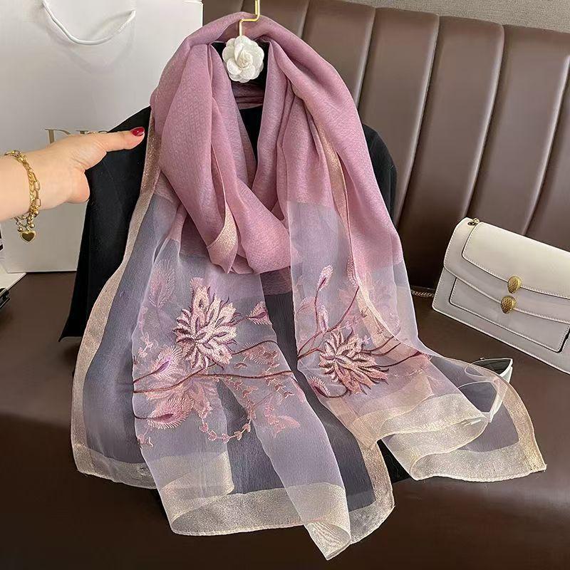 Versatile Embroidered Silk-Feel Thermal Scarf Purple 175cm