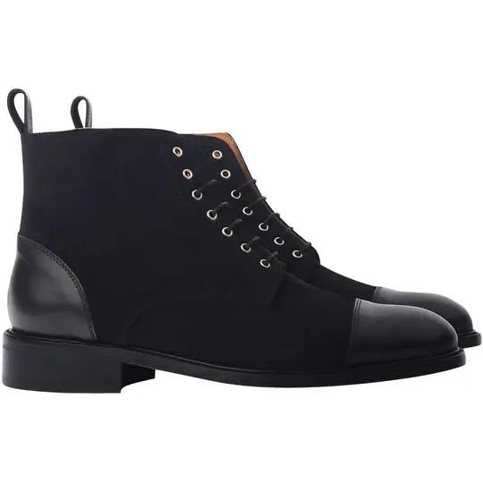 Flat Bottom Wedge Pointed Toe Combined Fabric Thin Belt Men's Short Boots Pure Black 37