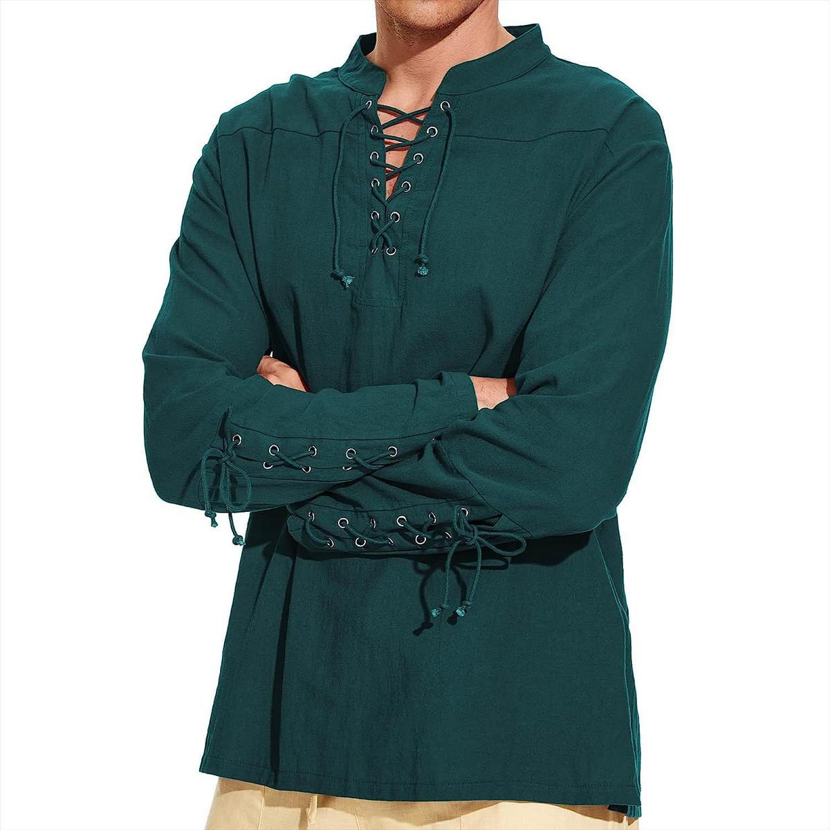 Mens Plus-Size Casual Cotton-Linen V-Neck T-Shirt Dark Green L