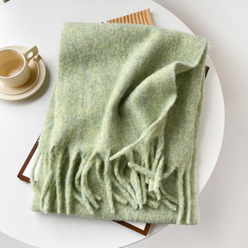 Mellard Merino Wool Korean-Style Relaxed-Feel Solid-Color Brushed Warm Scarf For Women bean green 40X210cm