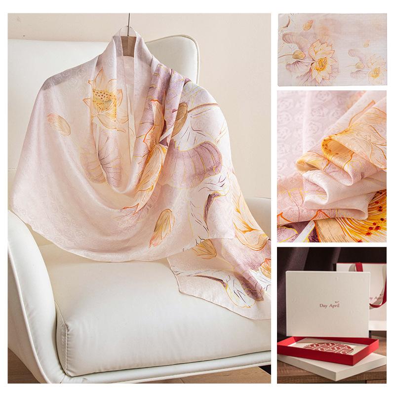Women's Scarf Fashion Printing Long Wrap Light Pink Lotus Hualien 55x170cm