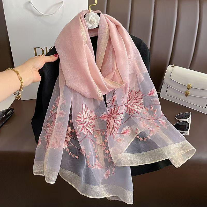Versatile Embroidered Silk-Feel Thermal Scarf Light Pink 175cm
