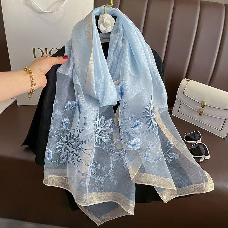 Versatile Embroidered Silk-Feel Thermal Scarf Blue 175cm