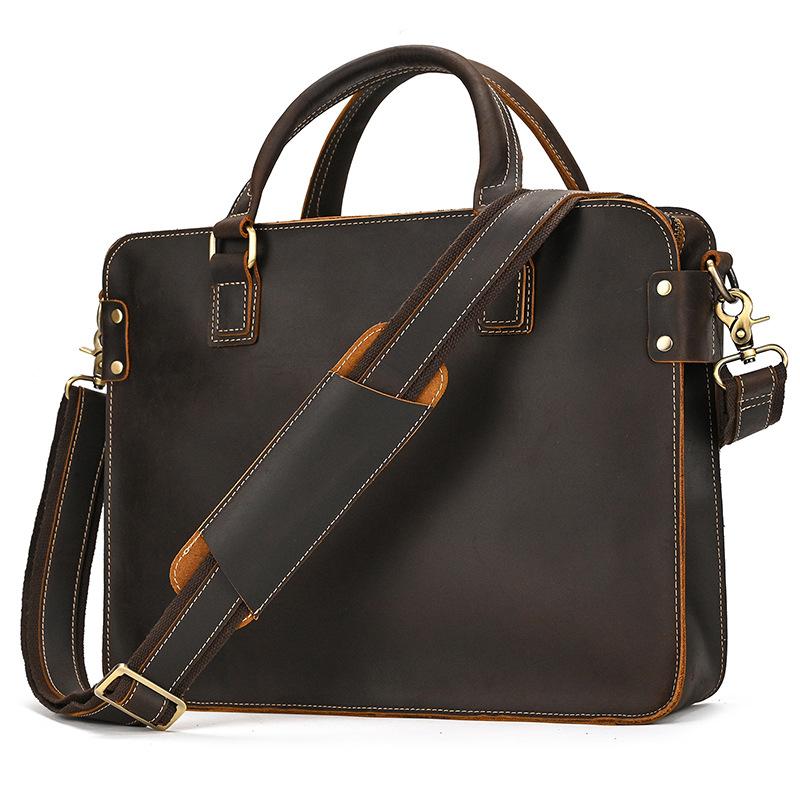Retro Crazy Horse Leather Briefcase 14-inch Commuter Business Dark Brown