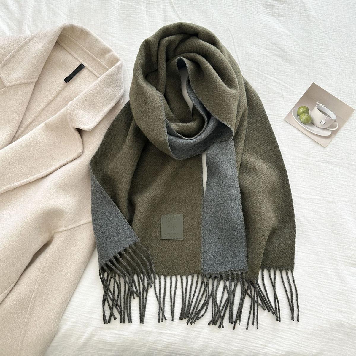 Thickened Double-sided Two-tone Wool Scarf Versatile Solid-color Tassel Shawl For Warmth And Style Olive Green 32x175CM