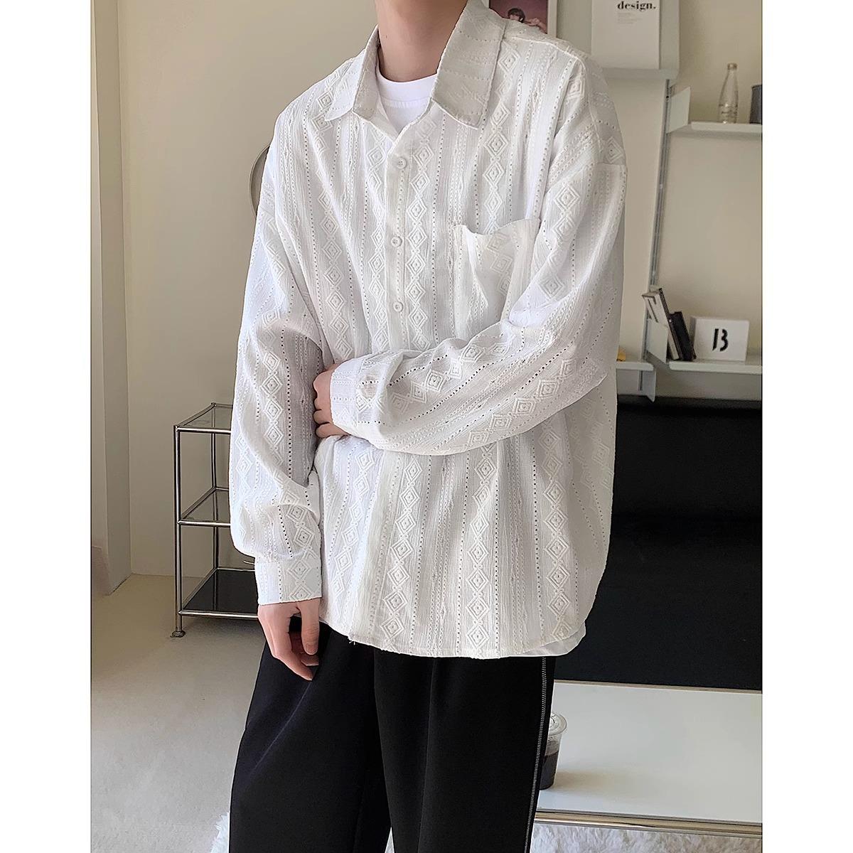 Mens HollowedOut Jacquard Shirt White 3XL