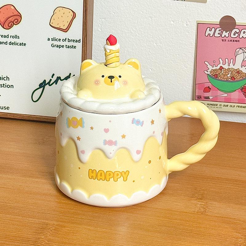 Ceramic Mug With Lid Cartoon Girl Candle Cake Cup Yellow Dog 400ml