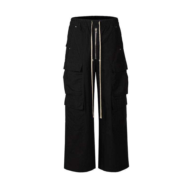 Side Pocket Loose Mop Tooling Flared Casual Pants Black L