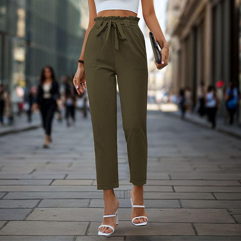 Lace-up Elastic-waist Trousers Simple And Elegant Suitable For Commuting Army Green L