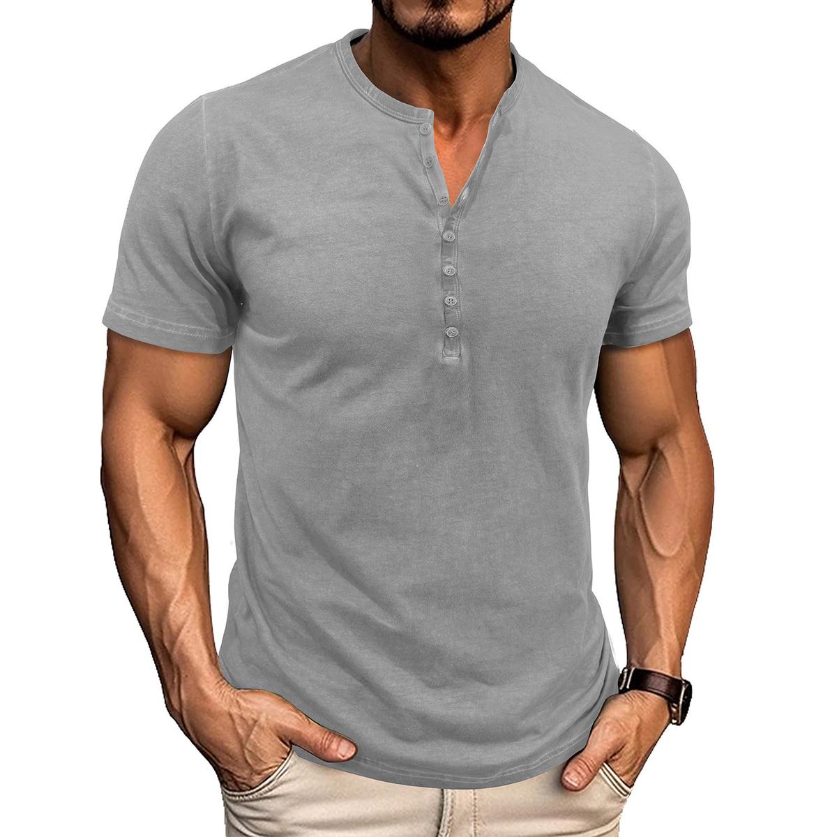 Mens Round-Neck Short-Sleeve Retro Henry T-Shirt Light Gray 2XL