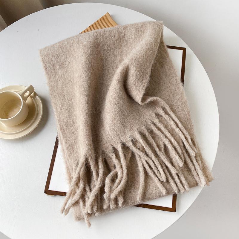 Mellard Merino Wool Korean-Style Relaxed-Feel Solid-Color Brushed Warm Scarf For Women khaki 40X210cm