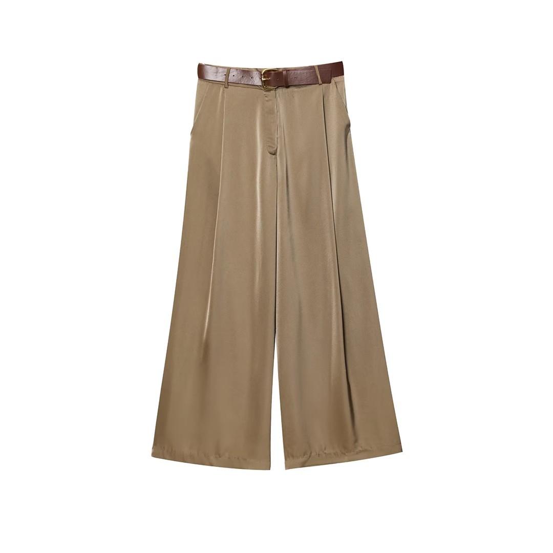 Versatile All-match Satin Casual Straight-leg Pants With A Belt Khaki L