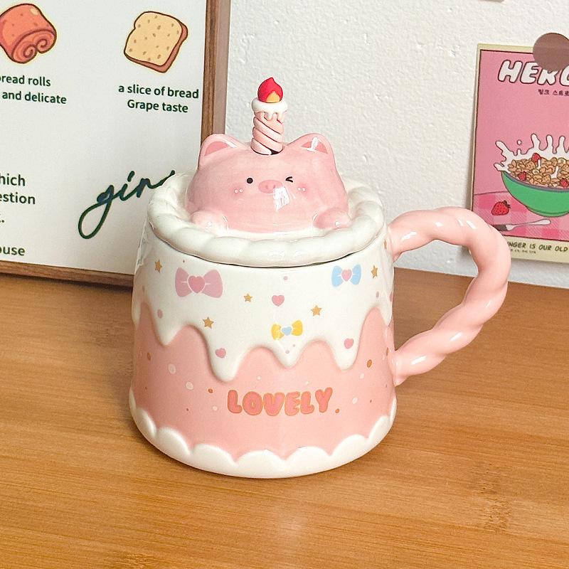 Ceramic Mug With Lid Cartoon Girl Candle Cake Cup Pink Pig 400ml