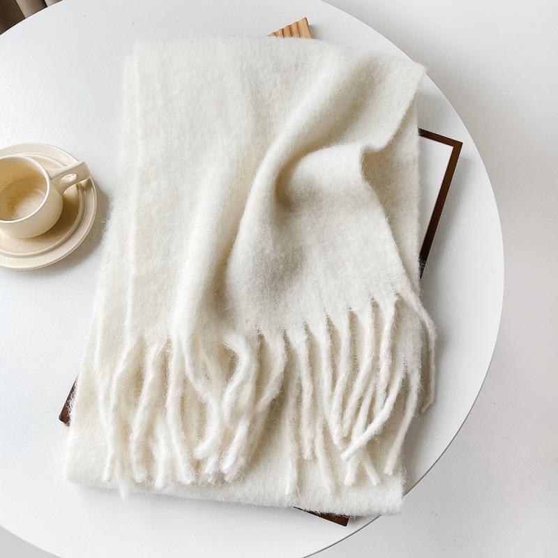 Mellard Merino Wool Korean-Style Relaxed-Feel Solid-Color Brushed Warm Scarf For Women white 40X210cm
