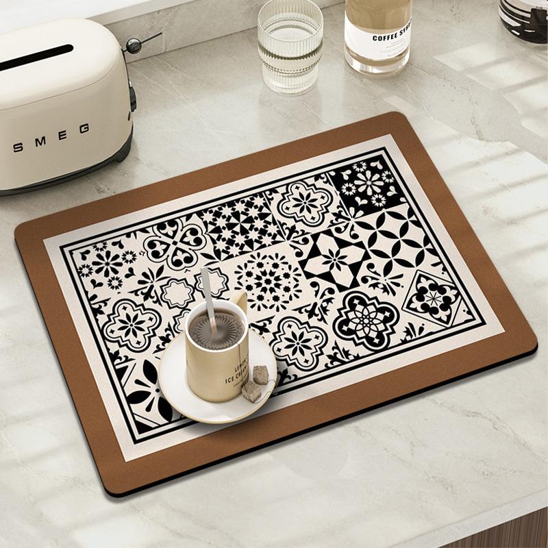 Hydrophilic Pad Bar Cup Water Draining Pad Dish Drying Mat Bar Coffee Machine Mat Vintage Tile Coffee 30X40CM